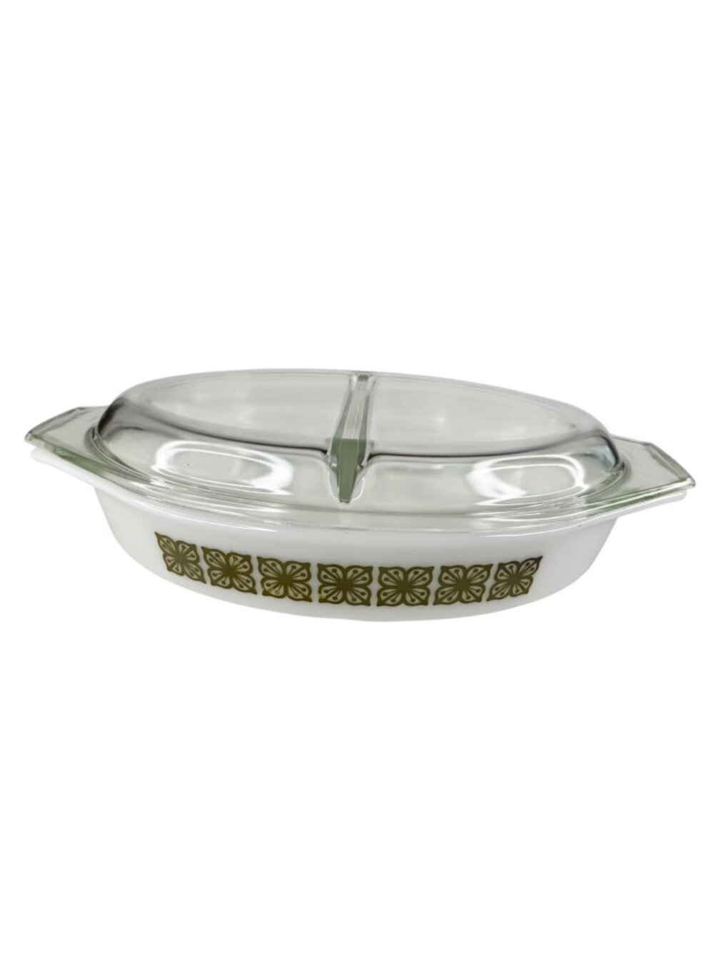 Pyrex Autumn Floral Verde Green Divided Baking Dish Lid 1 Qt MCM #31 USA Vtg 70s